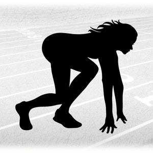 Sports Clipart: Black Silhouette of Female / Girl / Woman Track & Field Runner in Starting Block Stance - Digital Download svg png dxf pdf
