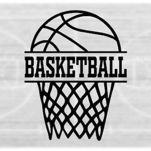 Sports Clipart: Simple Easy Black Basketball Hoop and Net Split avec le mot gras « Basketball » au milieu - Téléchargement numérique SVG &PNG