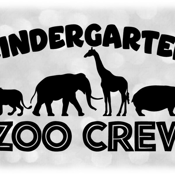 Animal Clipart: Black Bold "Kindergarten" w/ Tribal "Zoo Crew" and Lion, Elephant, Giraffe, Hippopotamus - Digital Download svg png dxf pdf