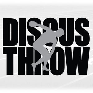 Sports Clipart: Black Bold Track and Field Words "Discus Throw" with Gray Athletic Male Thrower Overlay - Digital Download svg png dxf pdf