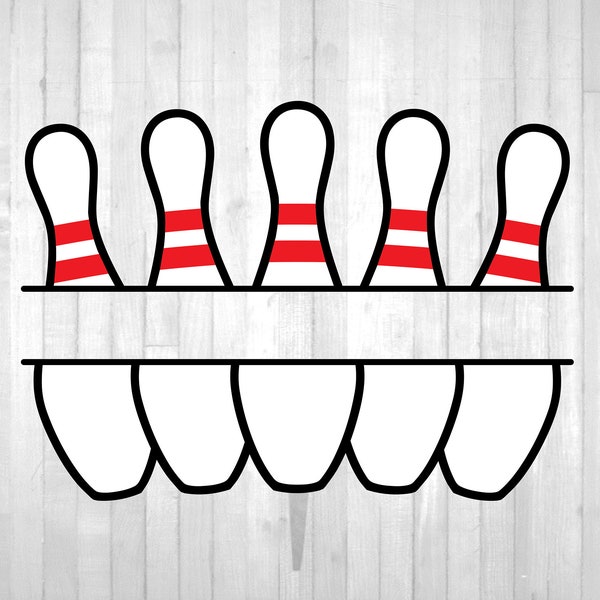 Sports Clipart: Set of Five Black and White, Red Striped Bowling Pins Personalizable Split Name Frame - Digital Download svg png dxf pdf