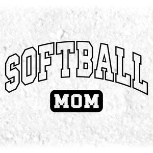 Sports Clipart: Arched Black Bold Word "Softball" in College Varsity Style with Word "Mom" in Box Below - Digital Download svg png dxf pdf