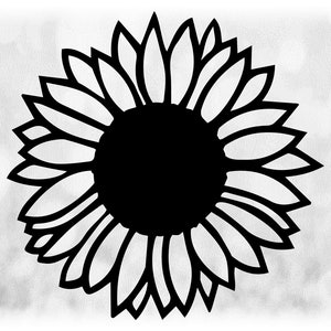 Clipart de flor/natureza: contorno simples de silhueta de girassol com centro preto e pétalas transparentes - Design de flor - Download digital SVG e PNG