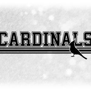 Sports Clipart: Black Bold Varsity "Cardinals" Team Mascot Name above Stripes with Bird Silhouette - Digital Download svg png dxf pdf