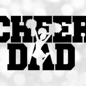Sports Clipart: Black Words "Cheer Dad" with Jumping Cheerleader Silhouette and Two Pom Poms Cutout - Digital Download svg png dxf pdf