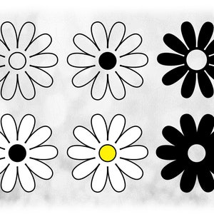 Natuur clipart: zes eenvoudige madeliefjebloemen op een vel in effen, omtrek, gelaagd. Knipsel - u verandert van kleur, digitale download svg png dxf pdf