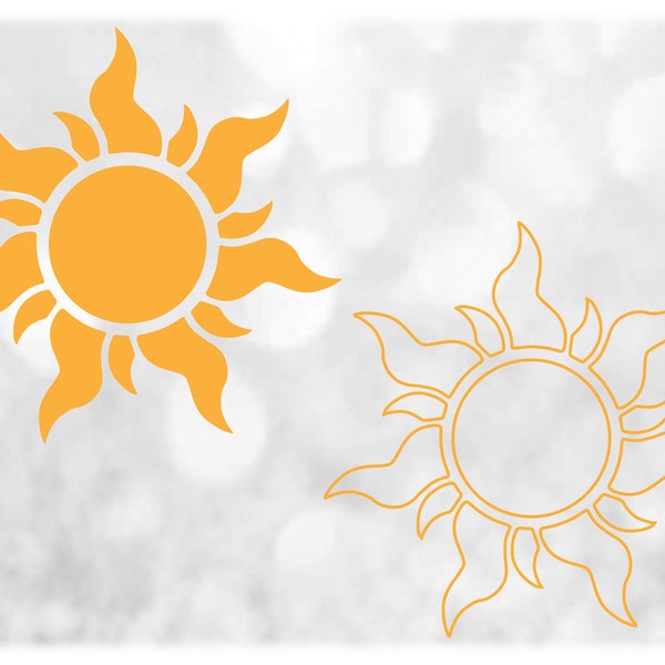 Nature Clipart: Yellow Golden Sun / Sunshine Silhouette Solid and Outline - Similar to "Rapunzel" Design - Digital Download svg png dxf pdf