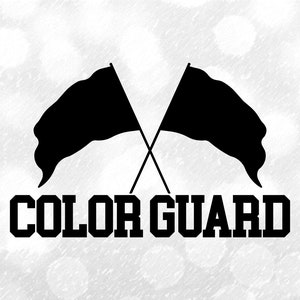 Sports Clipart: Words "Color Guard" with Crossed Black Marching Band Flags to Twirl - You Change Color - Digital Download svg png dxf pdf