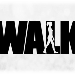 Sports Clipart: Black Word "WALK" with Cutout/Knockout Silhouette of Female Walking, Strolling, or Hiking - Digital Download svg png dxf pdf