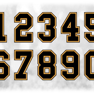 Sports: Jersey Number Templates Grouped on ONE Single Sheet - Black with Gold Inline Layer Digital Download SVG - Not Installable Font File