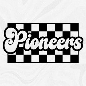 Sports Clipart: Team Mascot Name "Pioneers" in Groovy Retro Style Cutout of Black Checkered Background - Digital Download svg png dxf pdf