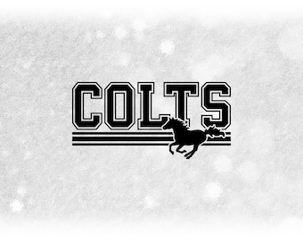 Sports Clipart: Black Bold "Colts" Team Name in Varsity Style above Stripes with Horse Silhouette Cutout - Digital Download svg png dxf pdf