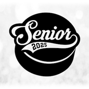 Educational Clipart: Black Hockey Puck with Cutout Word "Senior" and Grad Date "2025" on Baseball Swoosh - Digital Download svg png dxf pdf