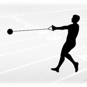 Puede incluir: Silueta de un atleta lanzando una bola de peso en una competición de atletismo.