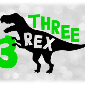 Clipart de animal: silhueta de dinossauro preto Tyrannosaurus Rex ou T-Rex com palavras verdes e número para 3º aniversário - download digital SVG e PNG