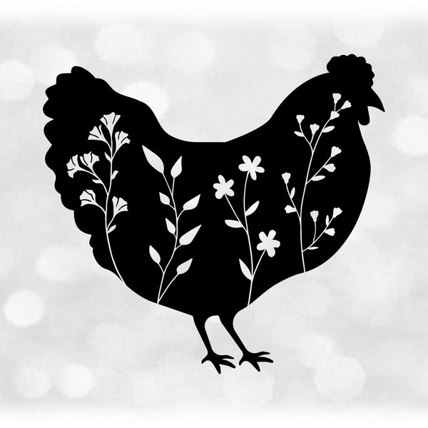 Animal Clipart: Simple Black Fram Chicken Hen Silhouette with Wildflowers Cutout - Change Color Yourself - Digital Download svg png dxf pdf