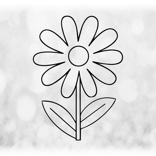 Flower/Nature Clipart: Simple Easy Black Doodle Daisy Silhouette Outline with Petals and Stem - Flower Design - Digital Download SVG & PNG