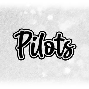 May include: Black script text that reads "Pilots" with a white outline, set against a textured, light gray background with subtle bokeh effects. The word is the focal point, centered in the image.