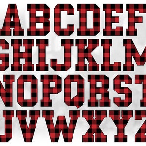 Clipart de palavras: letras do alfabeto agrupadas em uma única folha, camadas xadrez de búfalo preto/vermelho - download digital SVG, arquivo de fonte NÃO instalável