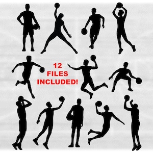 Sports Clipart: Value Pack Bundle with Twelve 12 Different Black Silhouettes of Male Basketball Players - Digital Download svg png dxf pdf