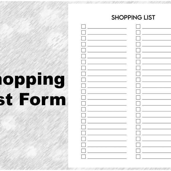 Printable Forms: Titled Shopping List Form with Check Boxes and Blank Columns for Individual Items You Need - Digital Download PDF & PNG