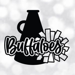 Sports Clipart: Black Cheerleader Megaphone with Pom Pom with Script "Buffaloes" Team Mascot Name Cutout - Digital Download svg png dxf pdf