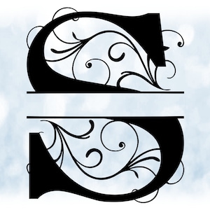 Clipart Word: Split Name Frame Black Formal Style Capital Letter Initial / Monogram « S » w / Floral Curls / Swirls - Digital Download SVG & PNG