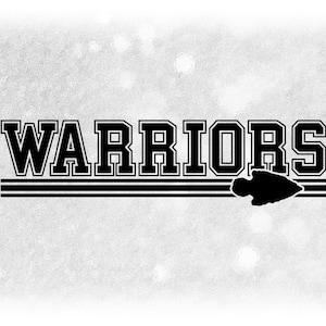 Sports Clipart: Black Bold "Warriors" Team Name in Varsity Style above Stripes with Arrowhead Silhouette - Digital Download svg png dxf pdf