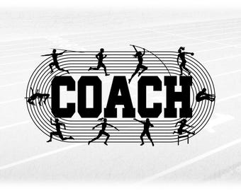 Sports Clipart: Track & Field Word "Coach" in Bold Black Letters w/ Running Track and Coed Event Athletes - Digital Download svg png dxf pdf