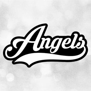 Sports Clipart: Layered White on Black "Angels" Team Name in Script with Baseball Style Swoosh Underline - Digital Download svg png dxf pdf