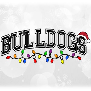Holiday Clipart: Black Arched Team Mascot Name "Bulldogs" with Santa Hat and String of Christmas Lights - Digital Download svg png dxf pdf