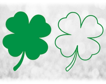 Flower/Nature Clipart: Green Solid and Outline Four-Leaf Clover / Shamrock for Luck, Irish, Saint Patrick's Day - Digital Download SVG & PNG