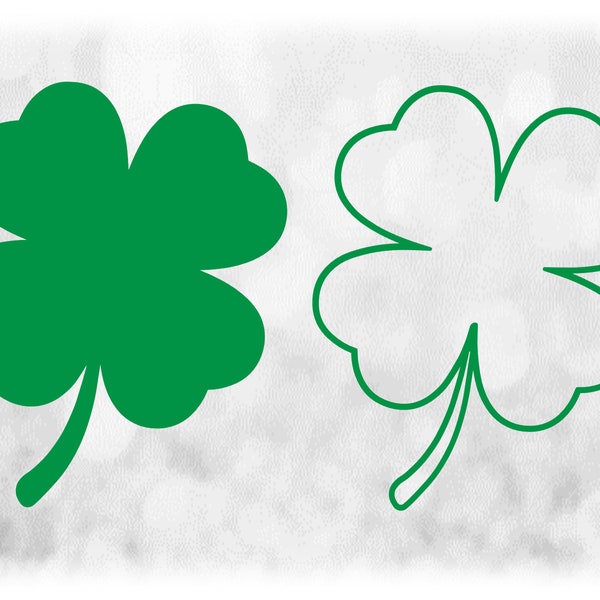 Flower/Nature Clipart: Green Solid and Outline Four-Leaf Clover / Shamrock for Luck, Irish, Saint Patrick's Day - Digital Download SVG & PNG