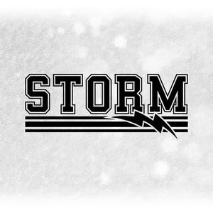 Sports Clipart: Black Bold "Storm" Team Name in Varsity Style above Stripes with Lightning Bolt Cutout - Digital Download svg png dxf pdf