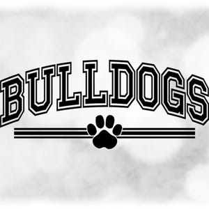 Sports Clipart: Black Arched Varsity Outline Team Mascot Name "Bulldogs" with Stripes and Paw Silhouette - Digital Download svg png dxf pdf
