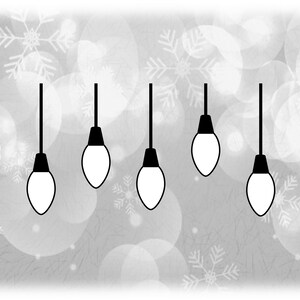 May include: A string of eight white light bulbs hanging from a ceiling against a white and gray background with a snowflake pattern.