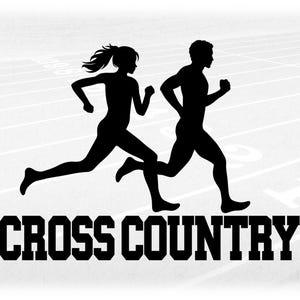 Sports Clipart: Words "Cross Country" with Silhouette of Male and Female Athletes Running Together - Digital Download svg png dxf pdf