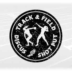 Sports Clipart: Black Distressed Rings w/ Cutout Female Throwers and Words "Track & Field Shot Put Discus", Digital Download svg png dxf pdf