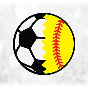 Sports Clipart: Cracked Half Sports Balls - Left Half White/Black Soccer Ball & Right Half Yellow/Red Softball - Digital Download svg png
