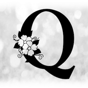 Word Clipart: Schwarzer formaler Großbuchstaben "Q" mit Floralen / Blumenakzenten - Farbe ändern mit eigener Software - Digitaler Download SVG & PNG