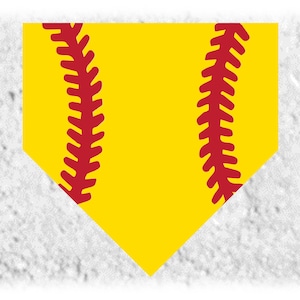 Peut inclure: Une balle de softball jaune avec des coutures rouges. La balle de softball est sur un fond blanc.
