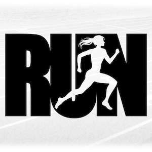 Sports Clipart: Black Word "RUN" with Cutout of Female Athlete Running - Track & Field or Cross Country Digital Download svg png dxf pdf