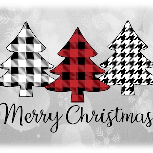 Może przedstawiać: Trzy choinki z różnymi wzorami: czarno-biała kratka w kratę, czerwono-czarna kratka w kratę i czarno-biała kratka w kratę. Drzewka znajdują się na szarym tle z białym wzorem śnieżnych płatków. Pod drzewami znajduje się napis "Wesołych Świąt".