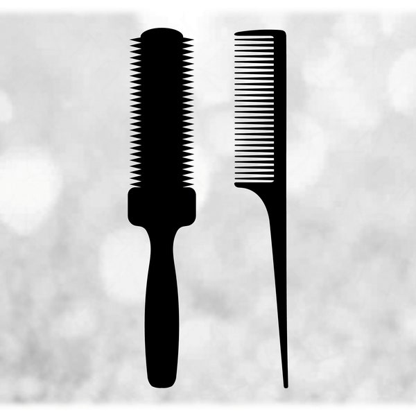 Profession Clipart: Black Simple Easy Hair Stylist Tools - Round Brush and Straight Comb for Hairdressers - Digital Download svg png dxf pdf