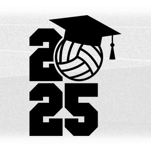Educational Clipart: Black Bold Year "2025" Varsity Style w/ Graduation Cap and Volleyball as Letter "0" - Digital Download svg png dxf pdf