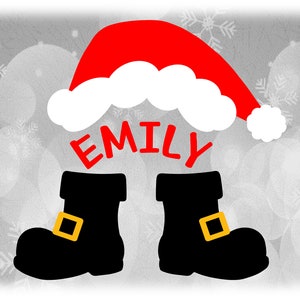 Clipart de férias: Moldura com nome Chapéu de Papai Noel vermelho e branco/boné com botas pretas/fivelas douradas Natal - Download digital SVG e PNG