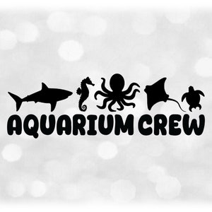 May include: Black and white silhouette of a shark, seahorse, octopus, stingray, and turtle with the text "AQUARIUM CREW" below.