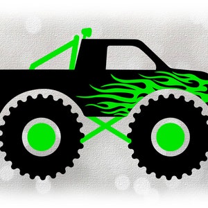 Car/Automotive Clipart: Black Monster Truck with Lime Green Fire Flames Roll Bar and Light - Layering Options - Digital Download SVG & PNG