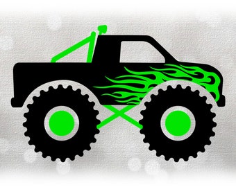 Car/Automotive Clipart: Black Monster Truck with Lime Green Fire Flames Roll Bar and Light - Layering Options - Digital Download SVG & PNG