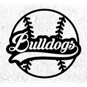 Sports Clipart: Black Baseball Silhouette with Team Name "Bulldogs" in Script Baseball Style with Swoosh - Digital Download svg png dxf pdf